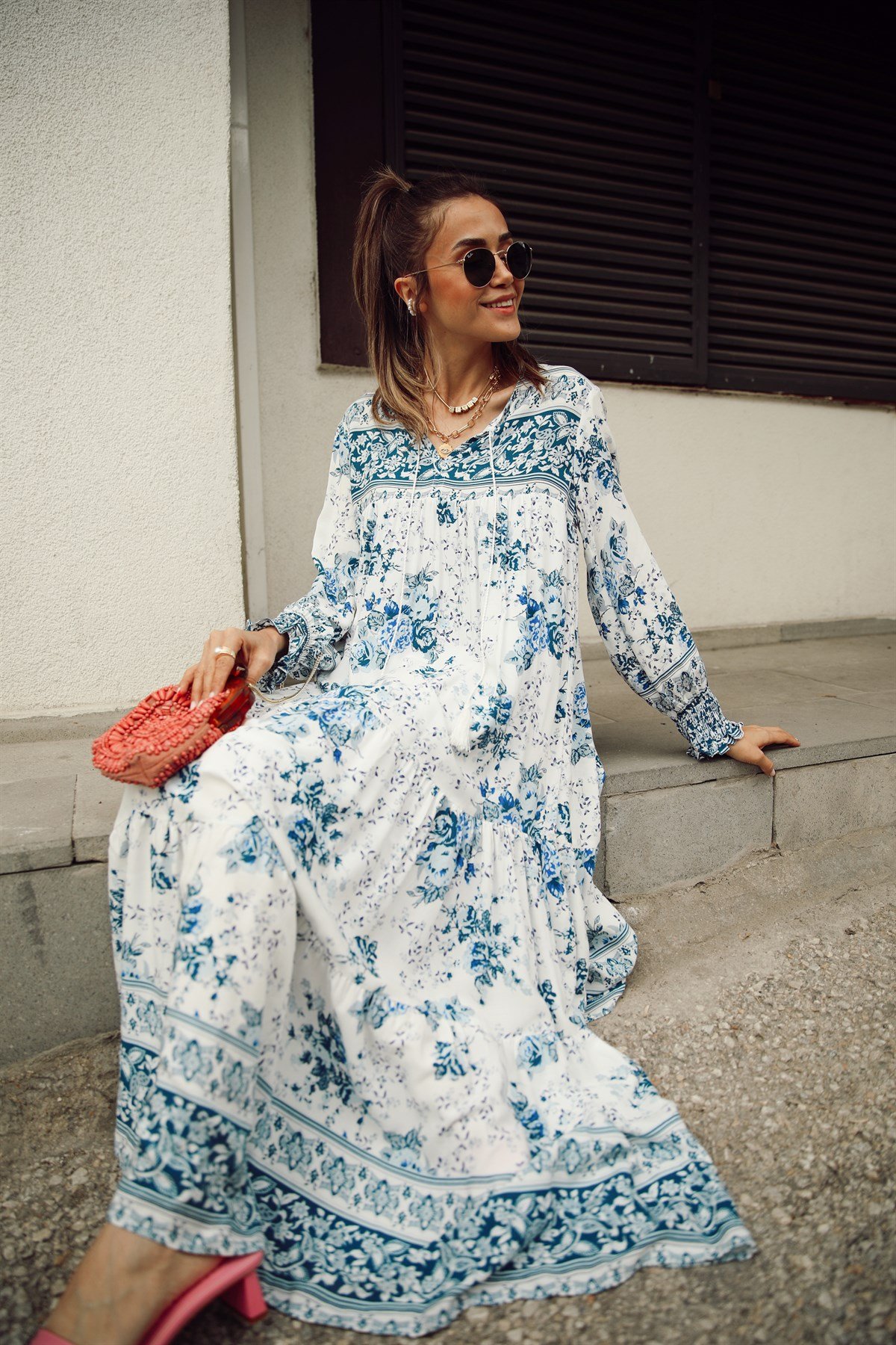 Beyaz Mavi Çiçekli Vintage Maksi Elbise Havoş'ta 89,00 ₺