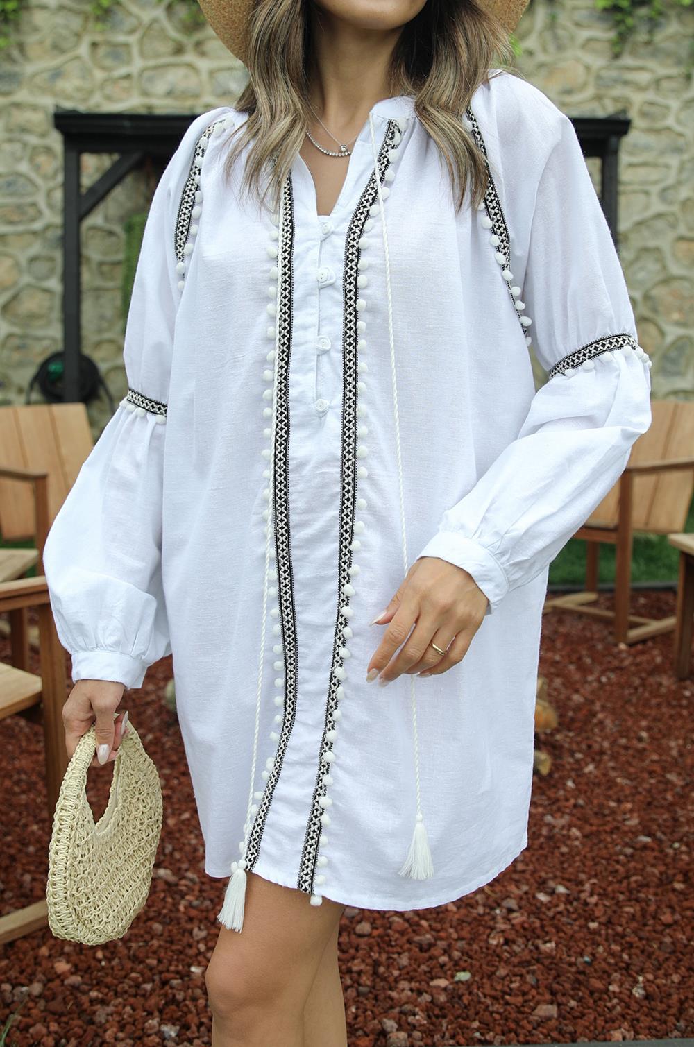 Beyaz Ponpon Detaylı Keten Elbise Havoş'ta 599,00 TL