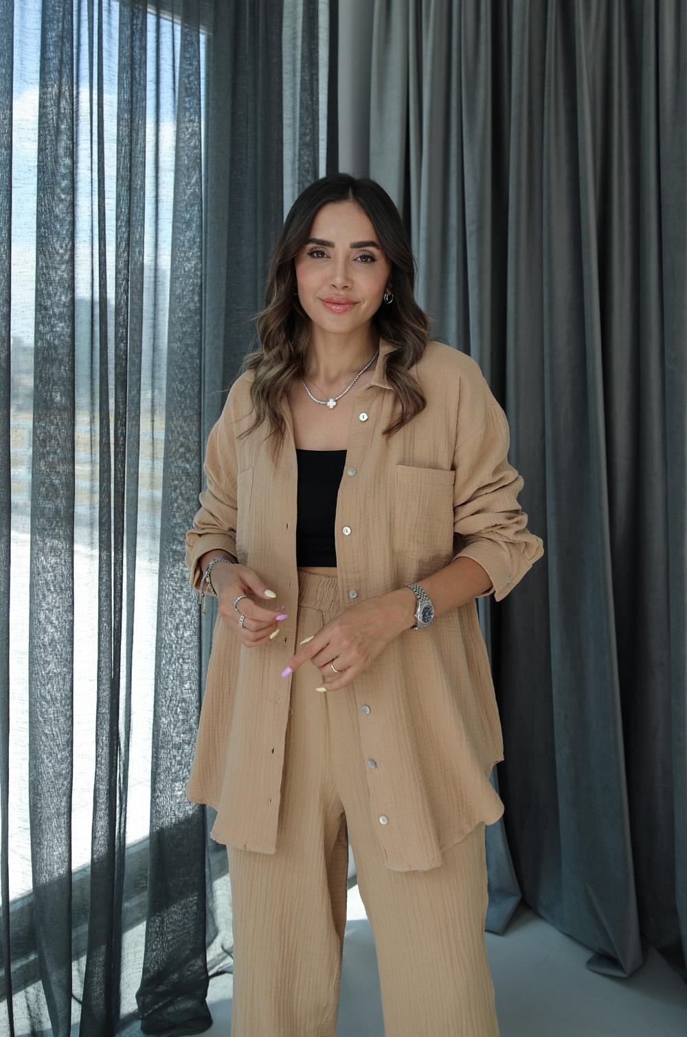 Camel Yırtmaçlı Pantolon Gömlek Müslin Takım · 2