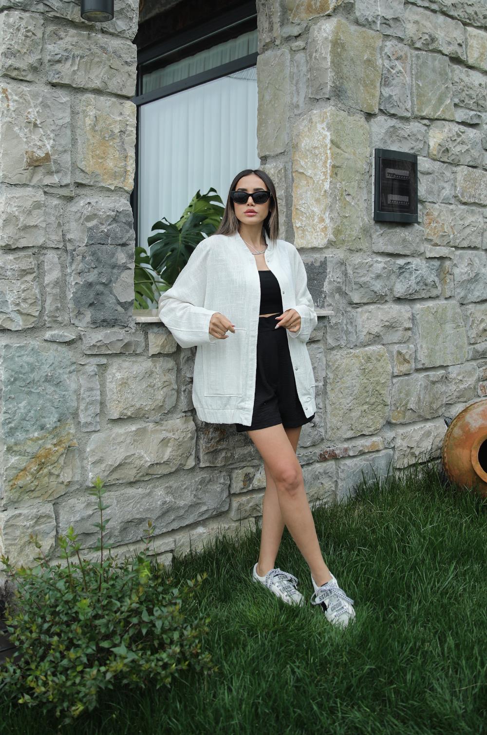Ekru Keten Bomber Ceket · 4