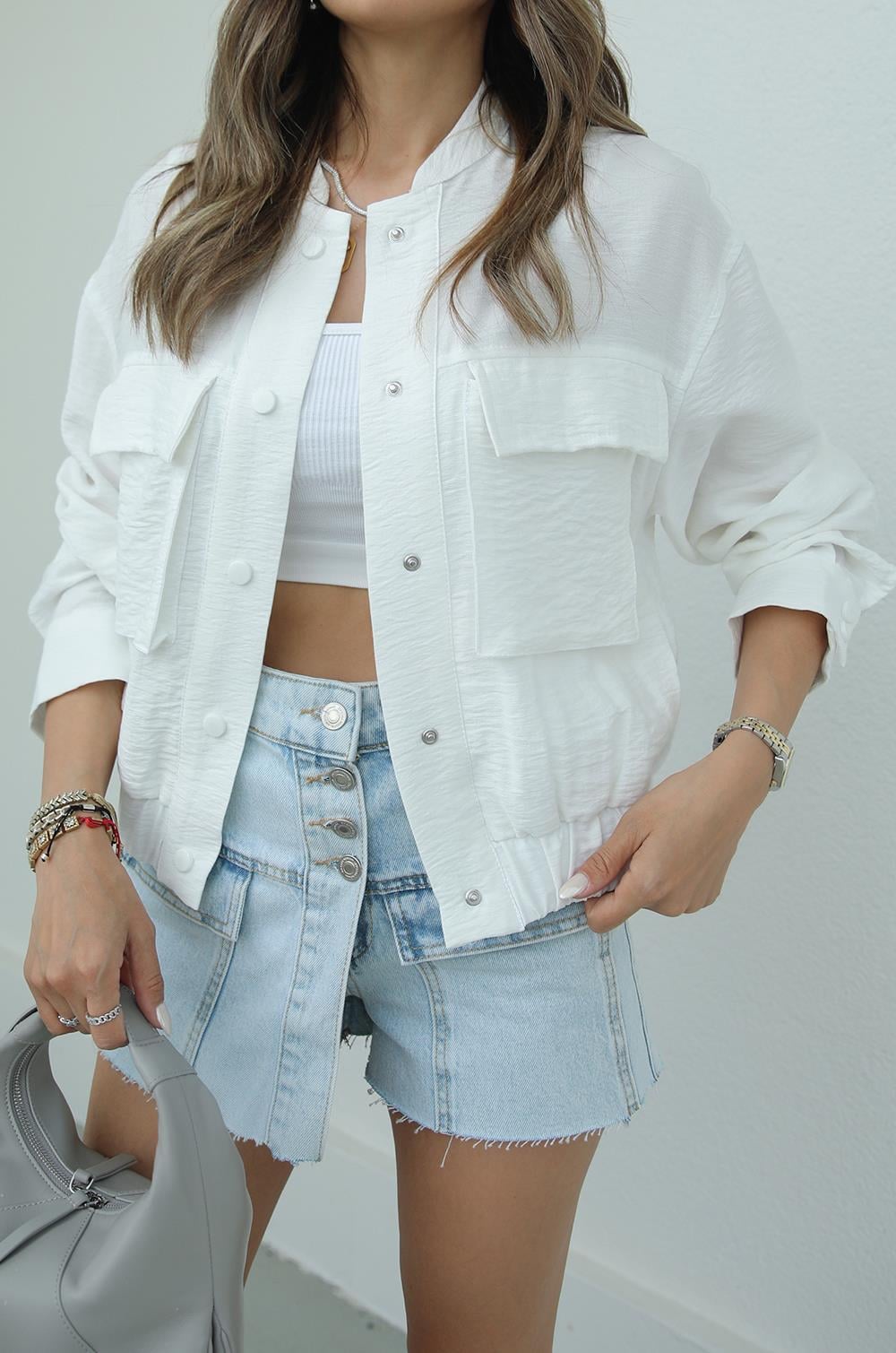 Ekru Torba Cepli Keten Bomber Ceket · 5