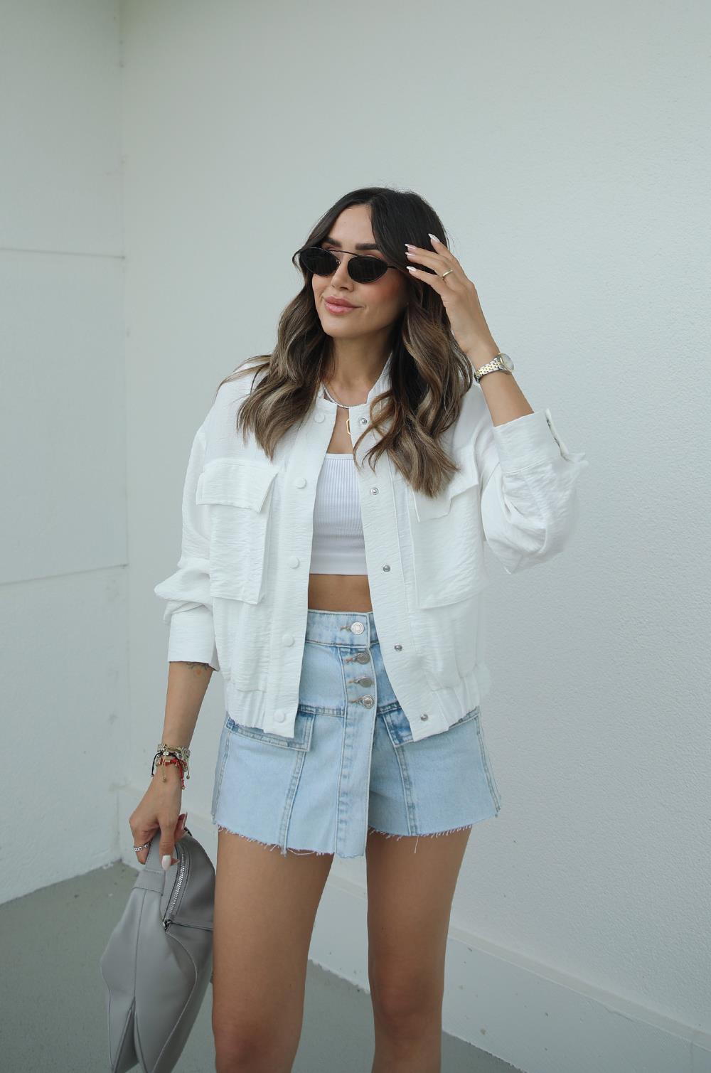 Ekru Torba Cepli Keten Bomber Ceket · 4
