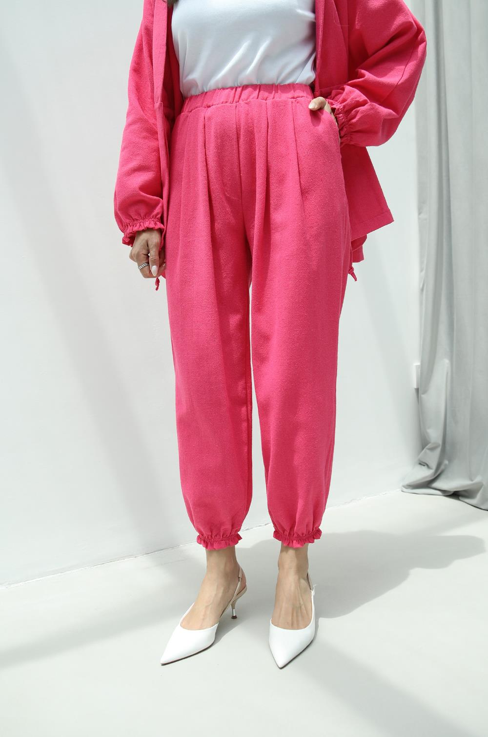 Fuşya Beli Büzgülü Ceket Pantolon Keten Takım · 5