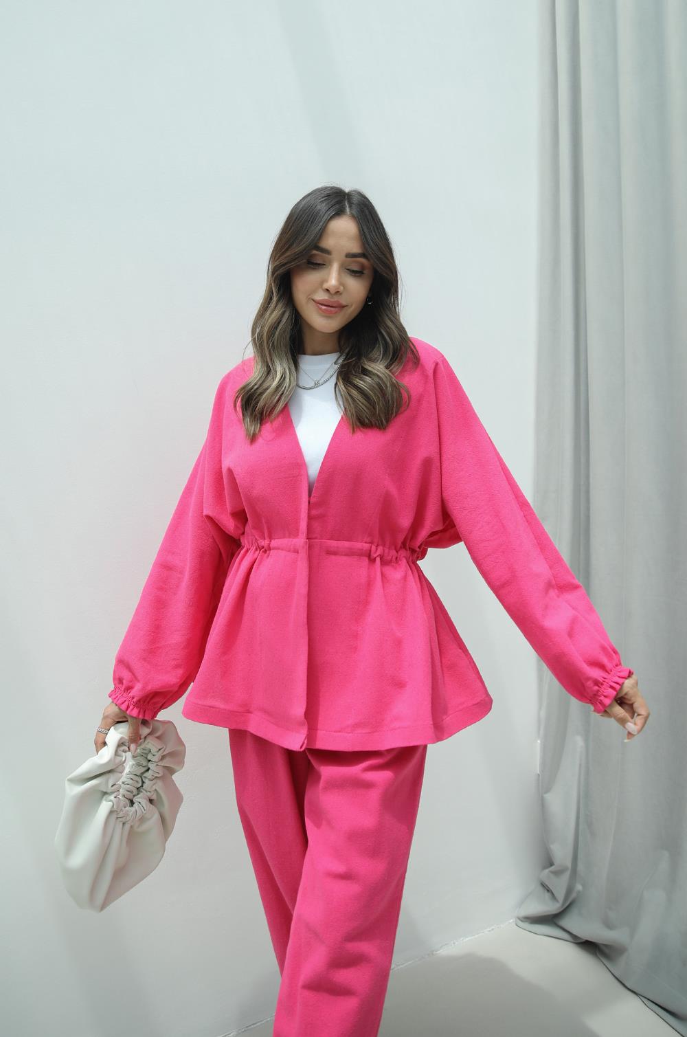 Fuşya Beli Büzgülü Ceket Pantolon Keten Takım · 3
