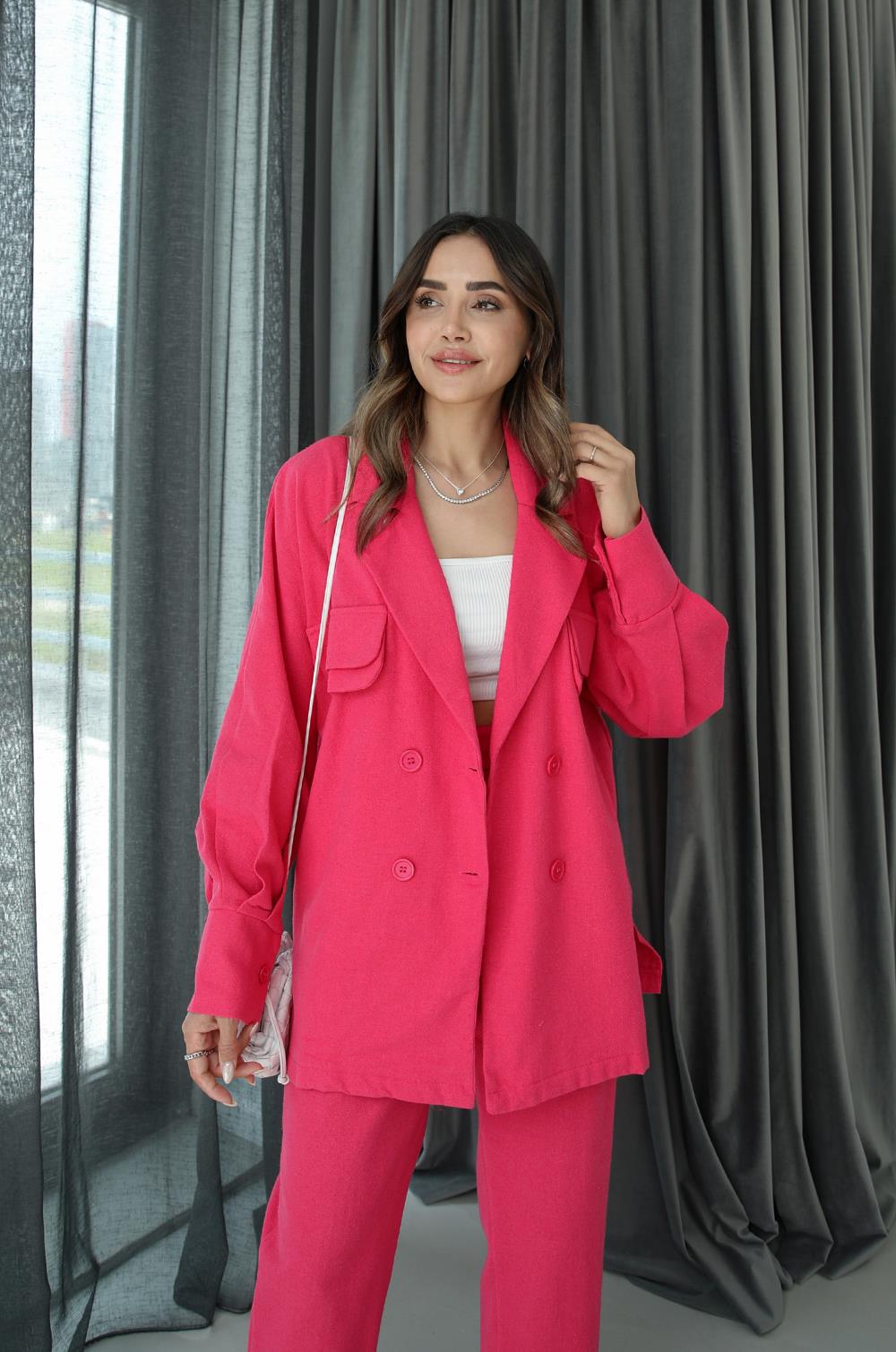 Fuşya Cep Detaylı Keten Takım · 3