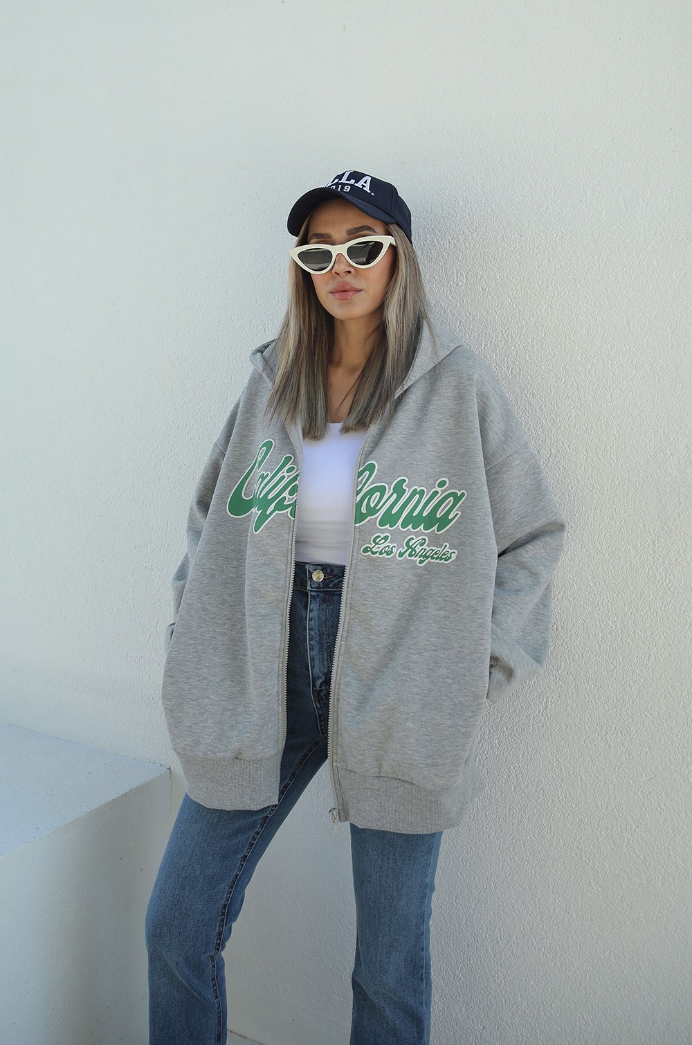 Gri California Baskılı Fermuarlı Kapüşonlu Sweatshirt