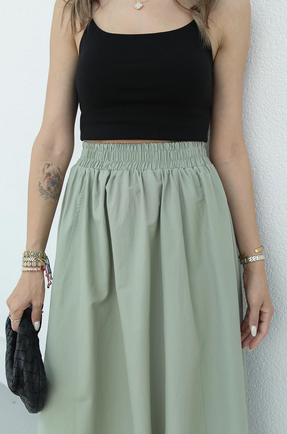 Haki Beli Lastikli Poplin Etek · 4