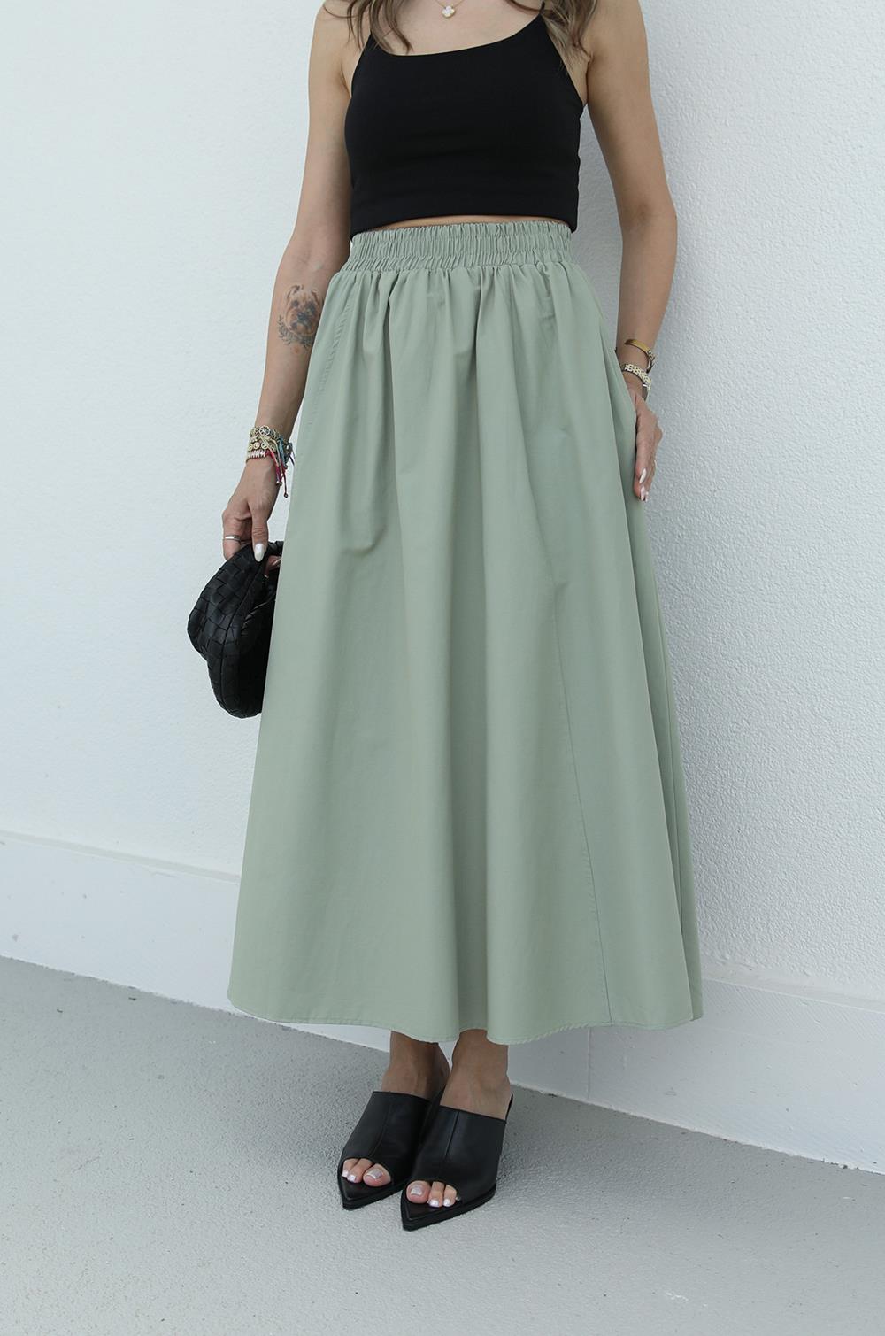 Haki Beli Lastikli Poplin Etek · 3