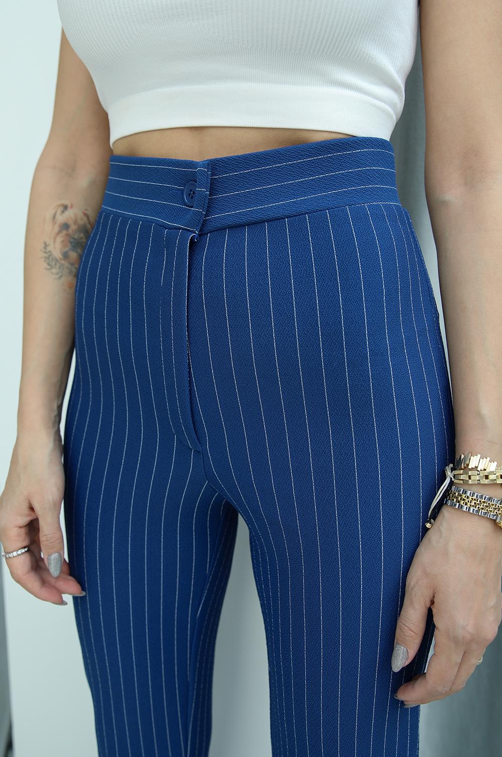İndigo Mavi Çizgili Fit Palazzo Pantolon · 3