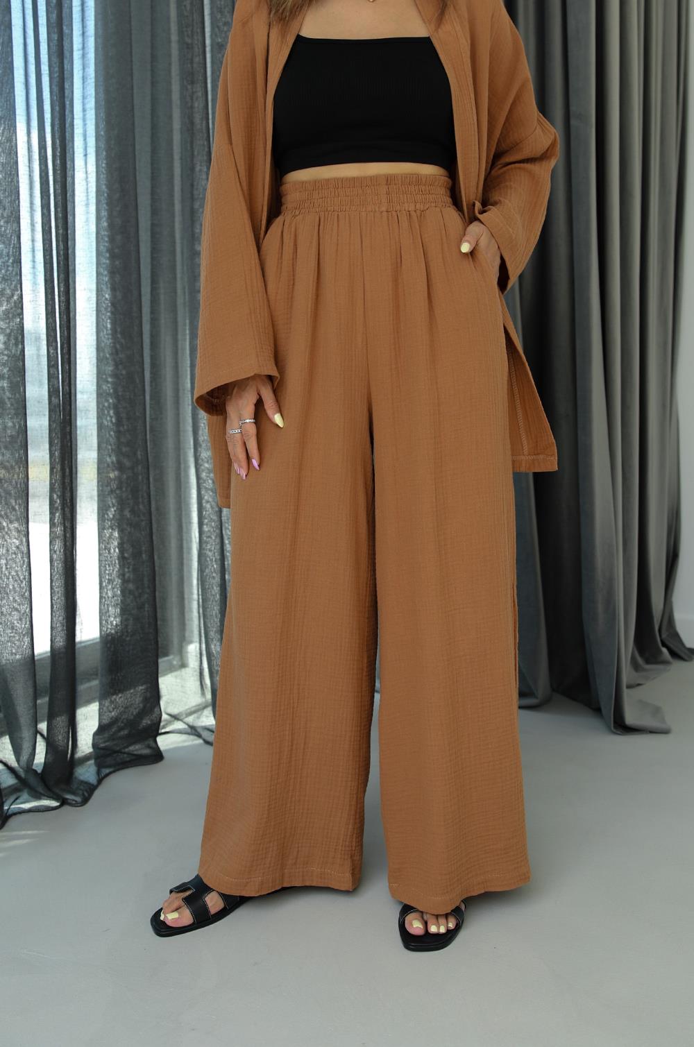 Kahverengi Kuşaklı Kimono Pantolon Takım · 4