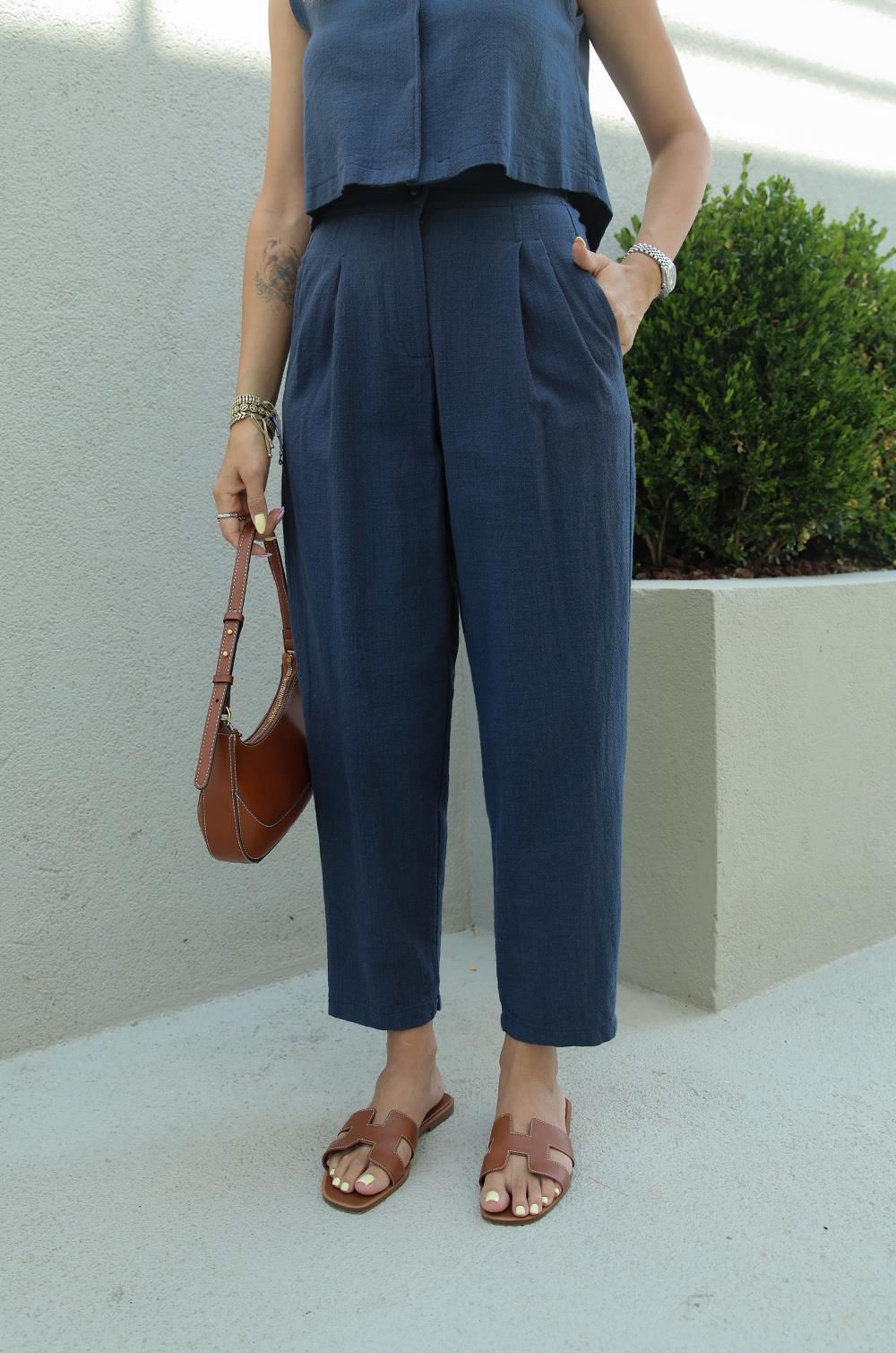 Lacivert Çıtçıt Düğmeli Yelek Pantolon Keten Takım · 4