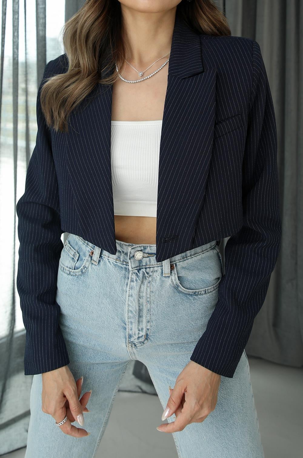 Lacivert Çizgili Crop Blazer Ceket · 3
