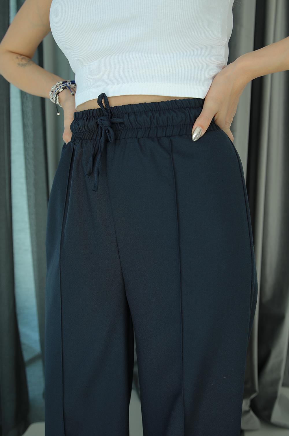 Lacivert Önü Dikiş Detaylı Bağcıklı Pantolon · 3