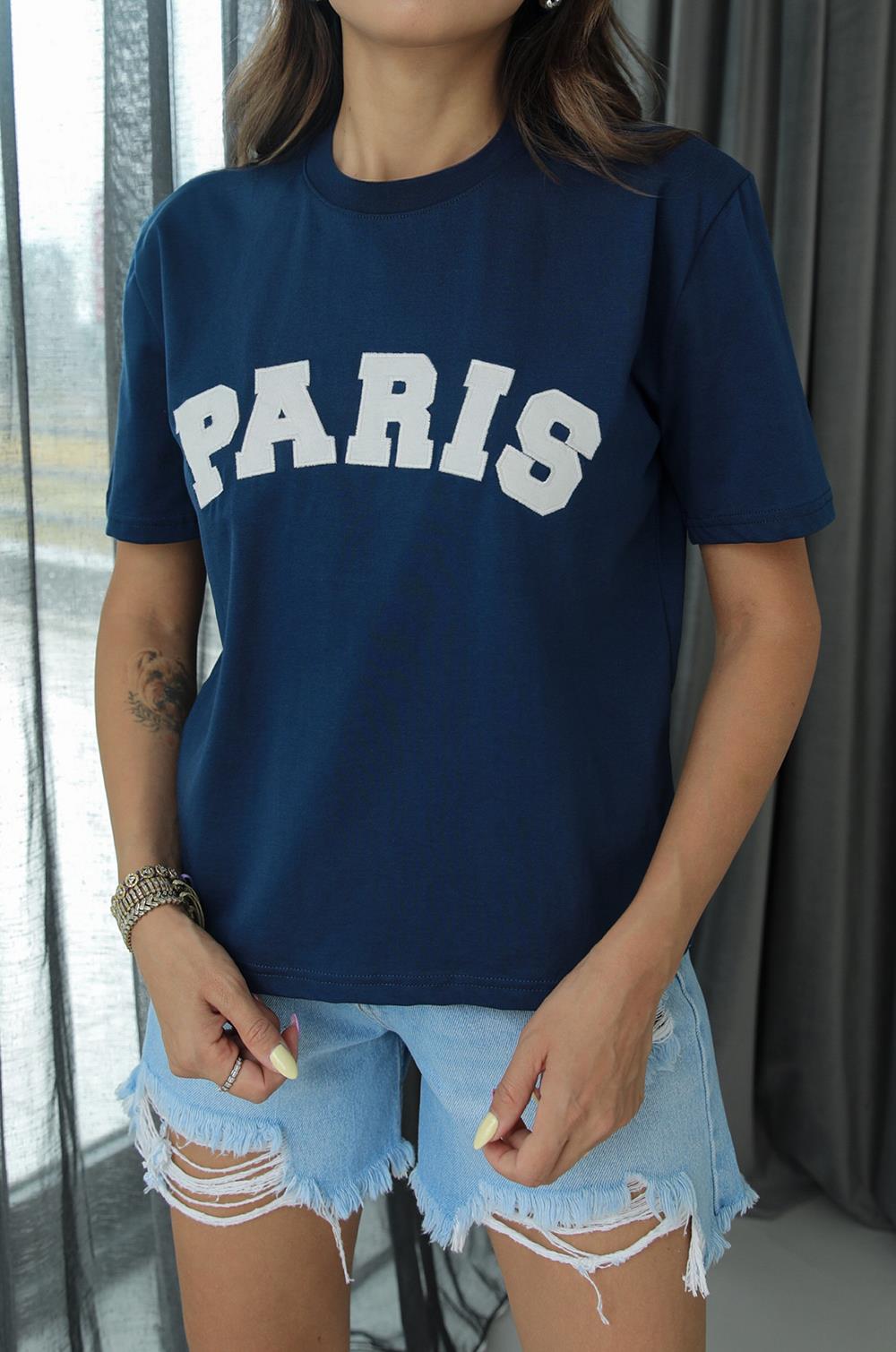Lacivert Paris Yazı İşlemeli Tişört · 4