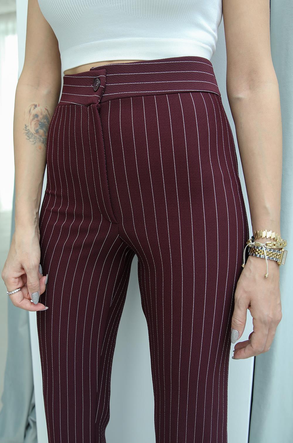 Mürdüm Çizgili Fit Palazzo Pantolon · 3
