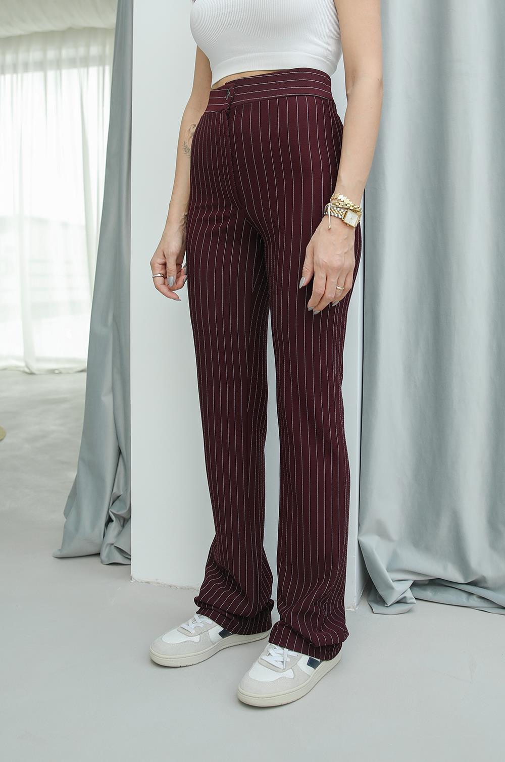 Mürdüm Çizgili Fit Palazzo Pantolon · 2
