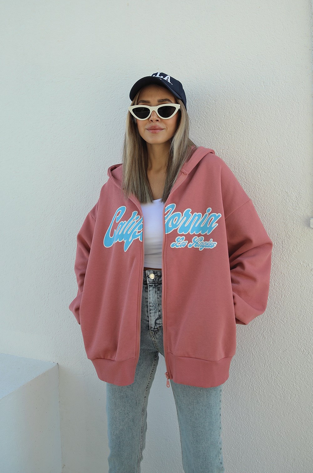 Pembe California Baskılı Fermuarlı Kapüşonlu Sweatshirt