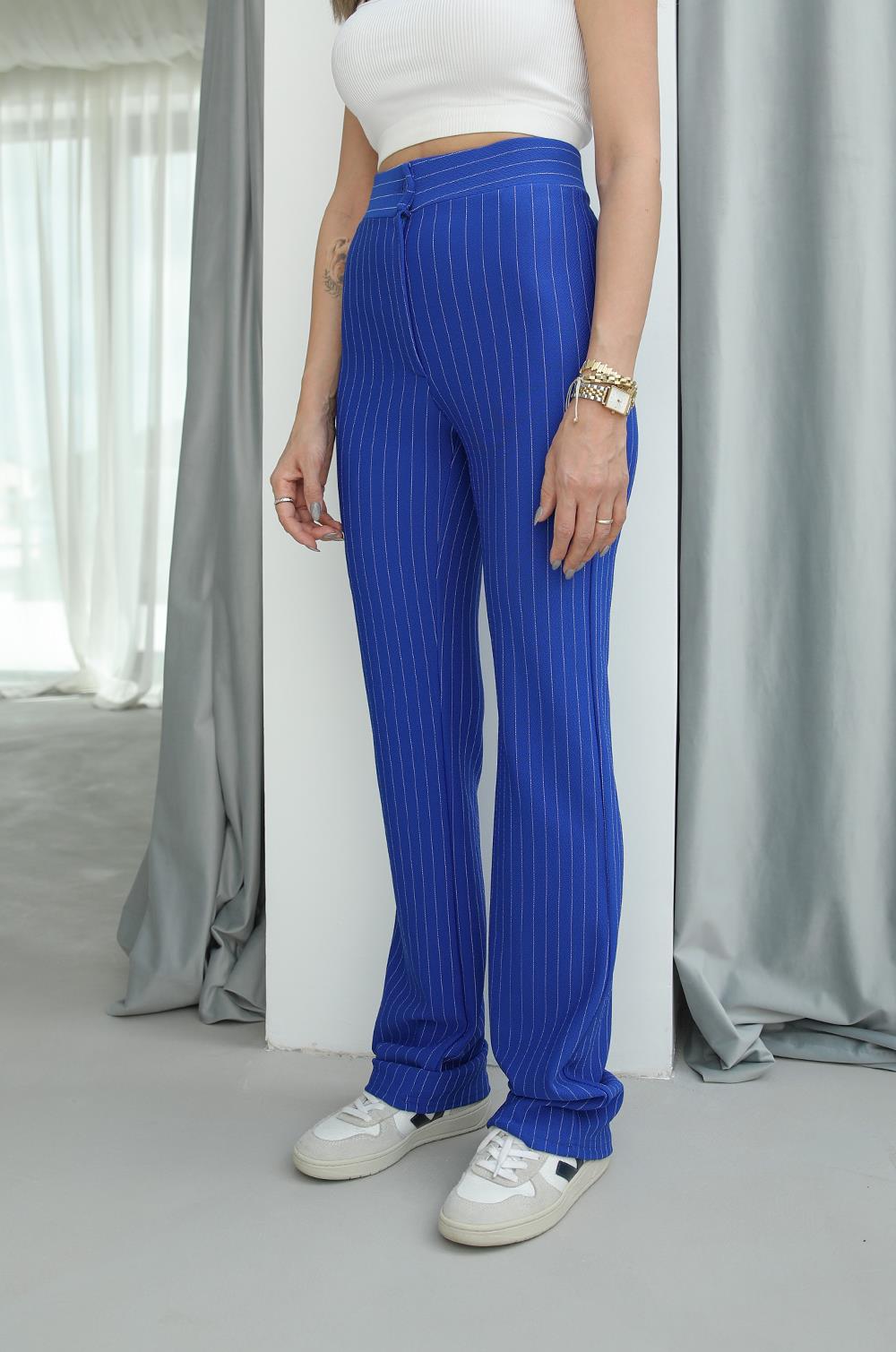 Saks Mavi Çizgili Fit Palazzo Pantolon · 2