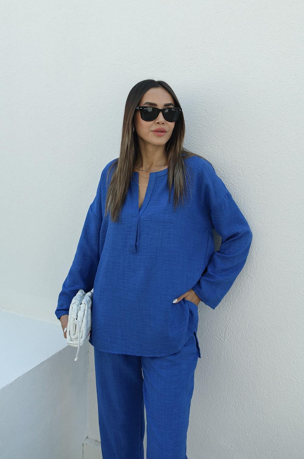 Saks Mavisi V Yaka Bluz Pantolon Takım · 3
