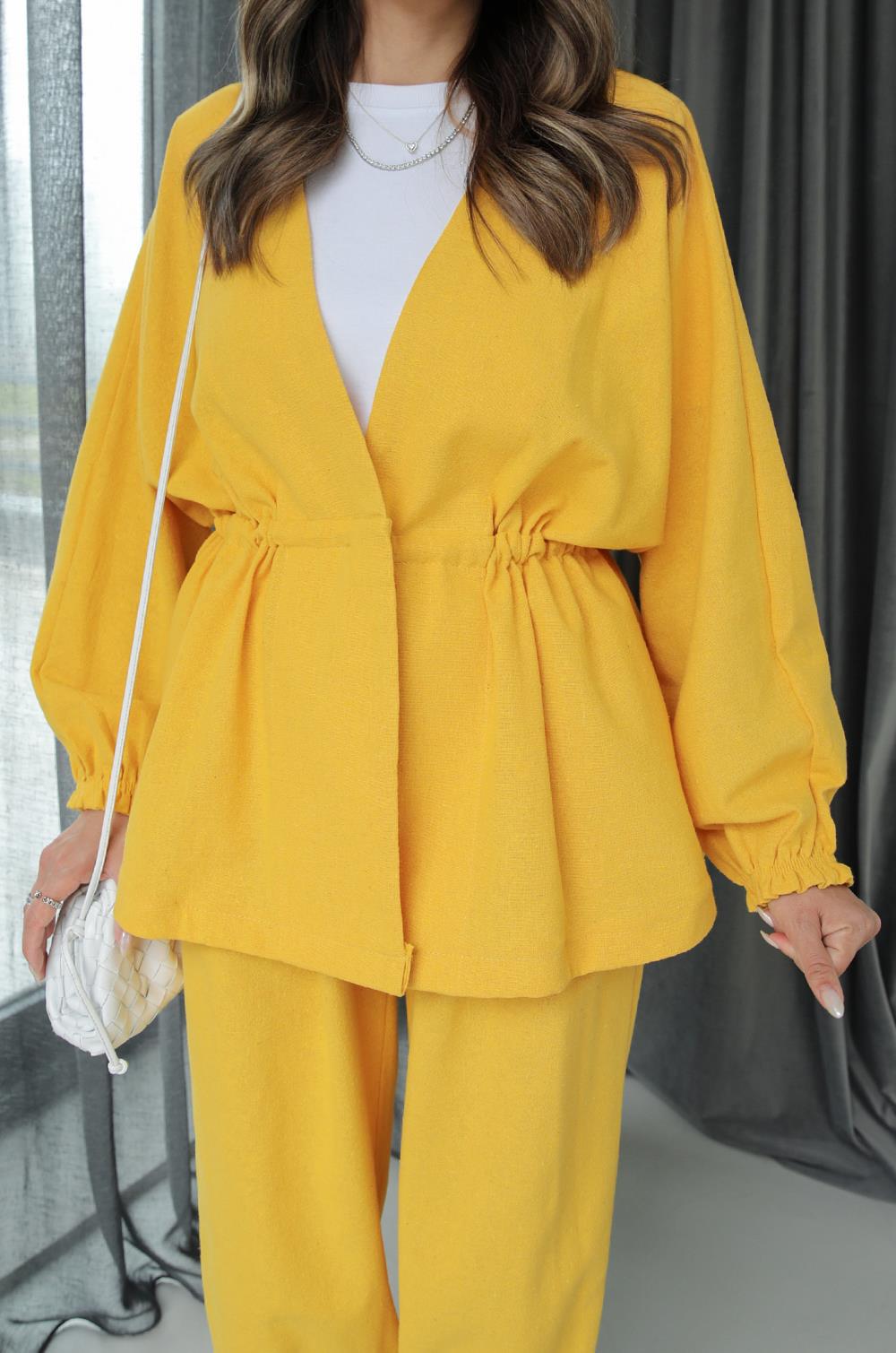 Sarı Beli Büzgülü Ceket Pantolon Keten Takım · 4
