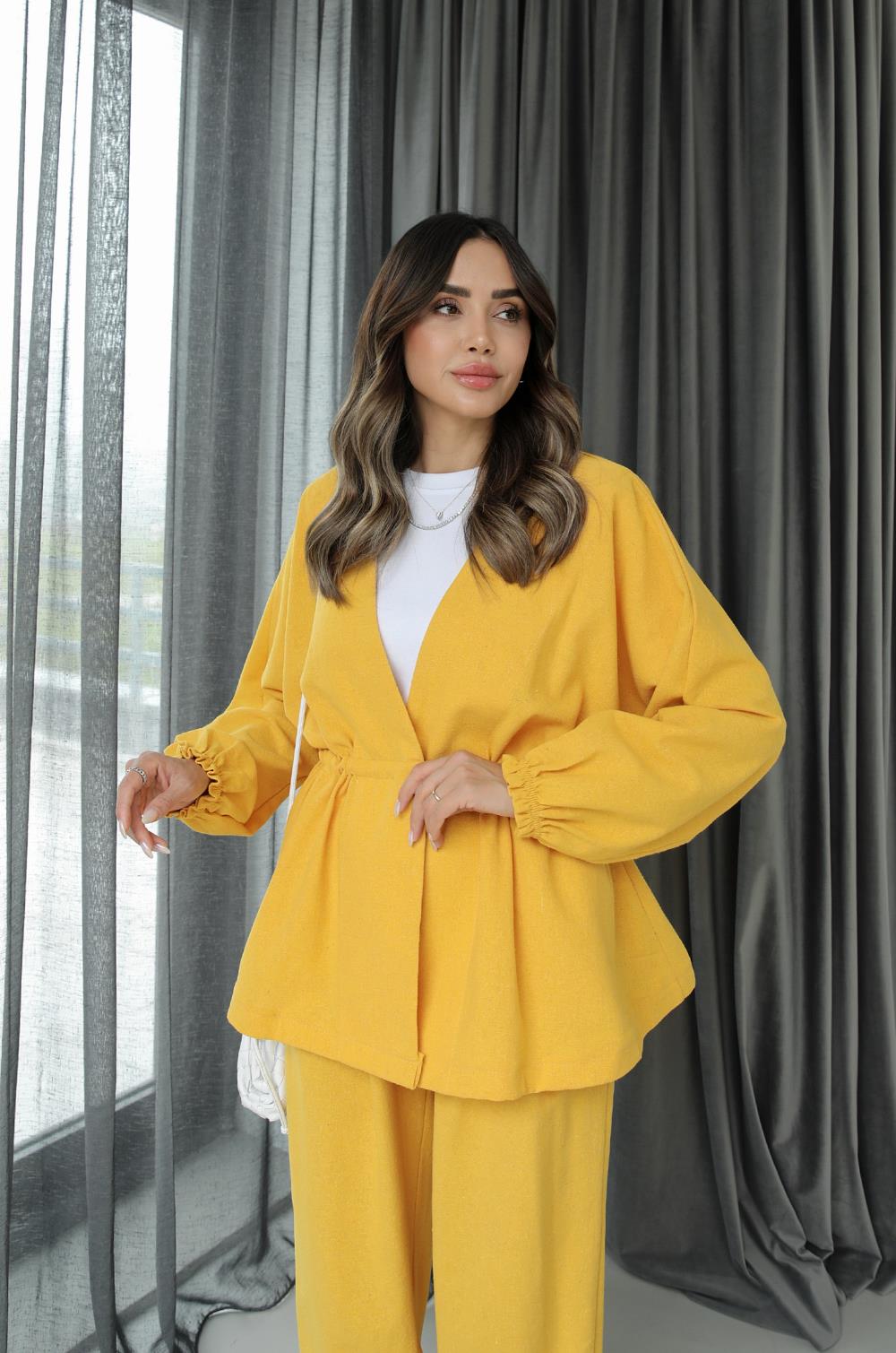 Sarı Beli Büzgülü Ceket Pantolon Keten Takım · 3