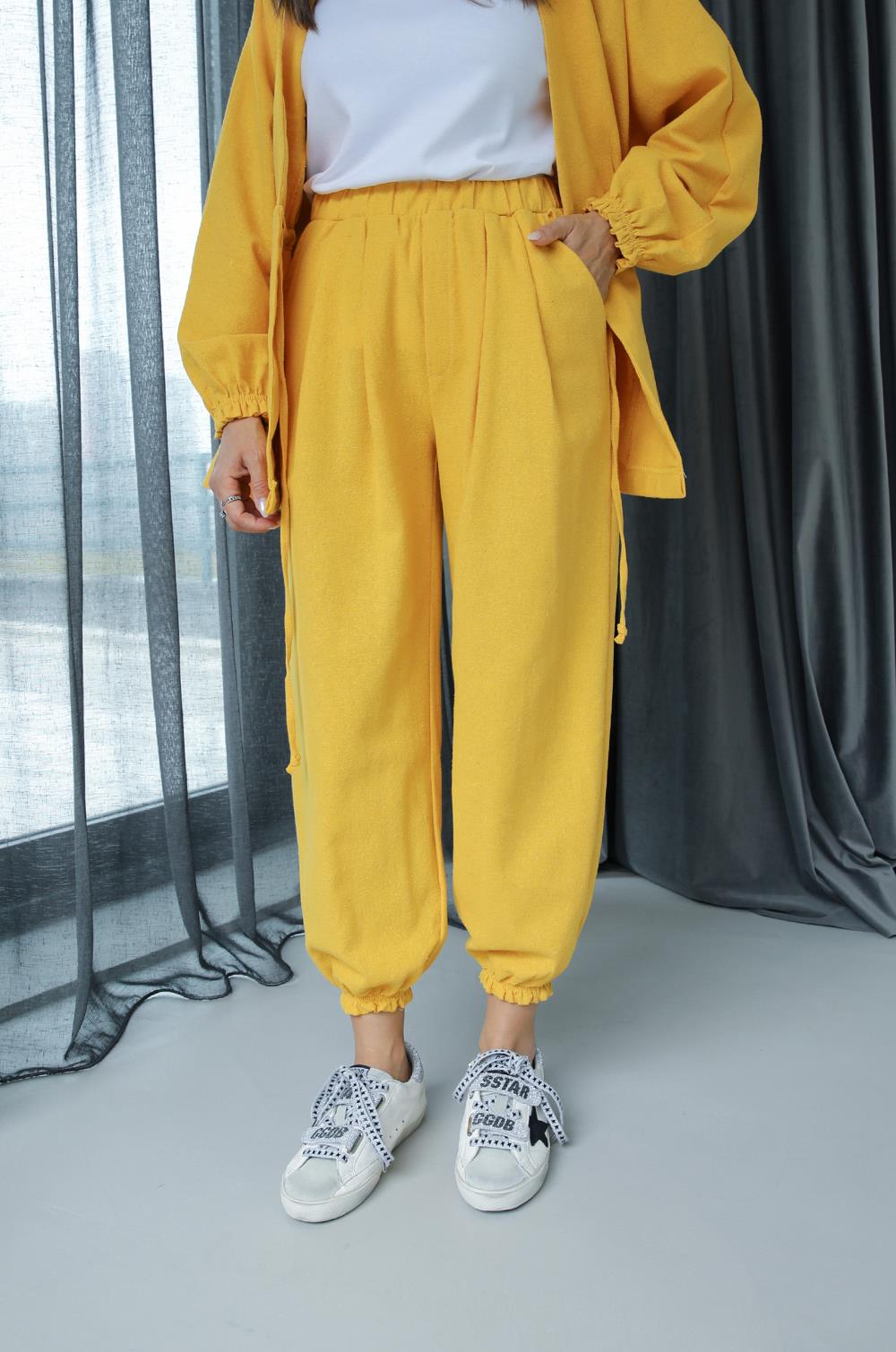 Sarı Beli Büzgülü Ceket Pantolon Keten Takım · 5