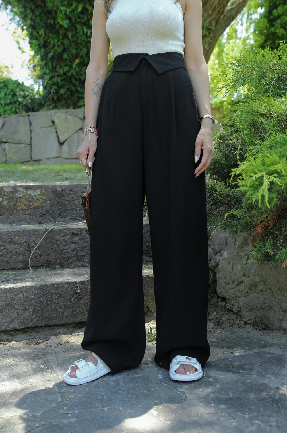 Siyah Bel Detaylı Keten Pantolon · 3