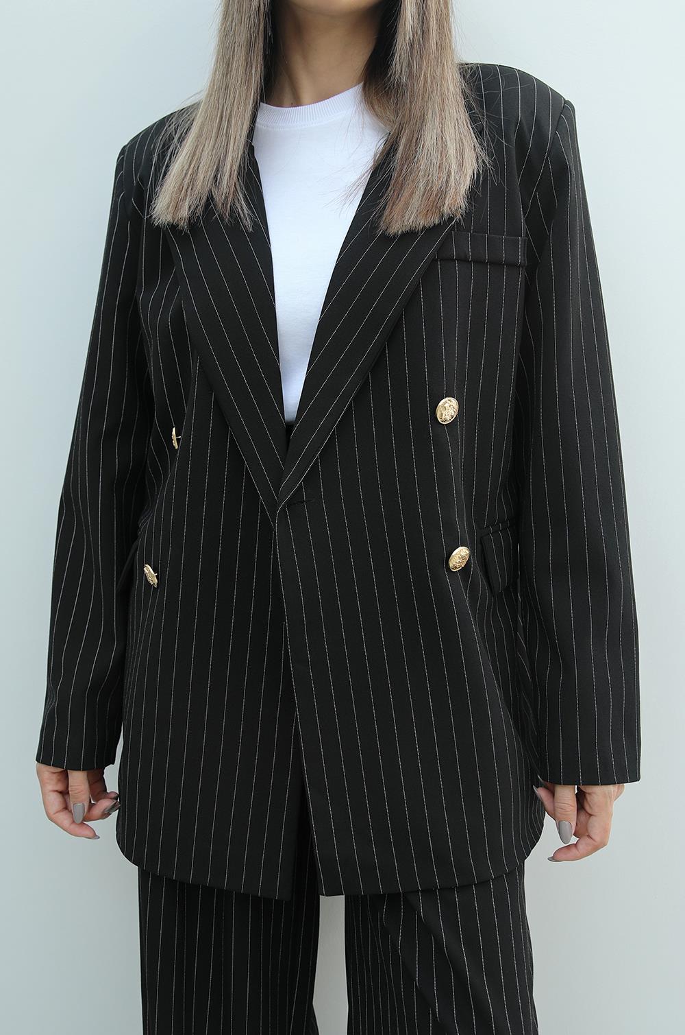 Siyah Çizgili Gold Düğmeli Blazer Ceket · 5