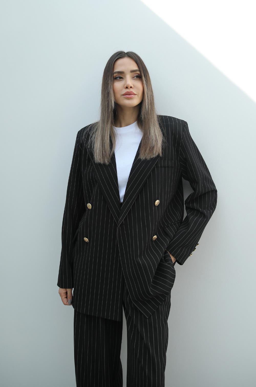 Siyah Çizgili Gold Düğmeli Blazer Ceket