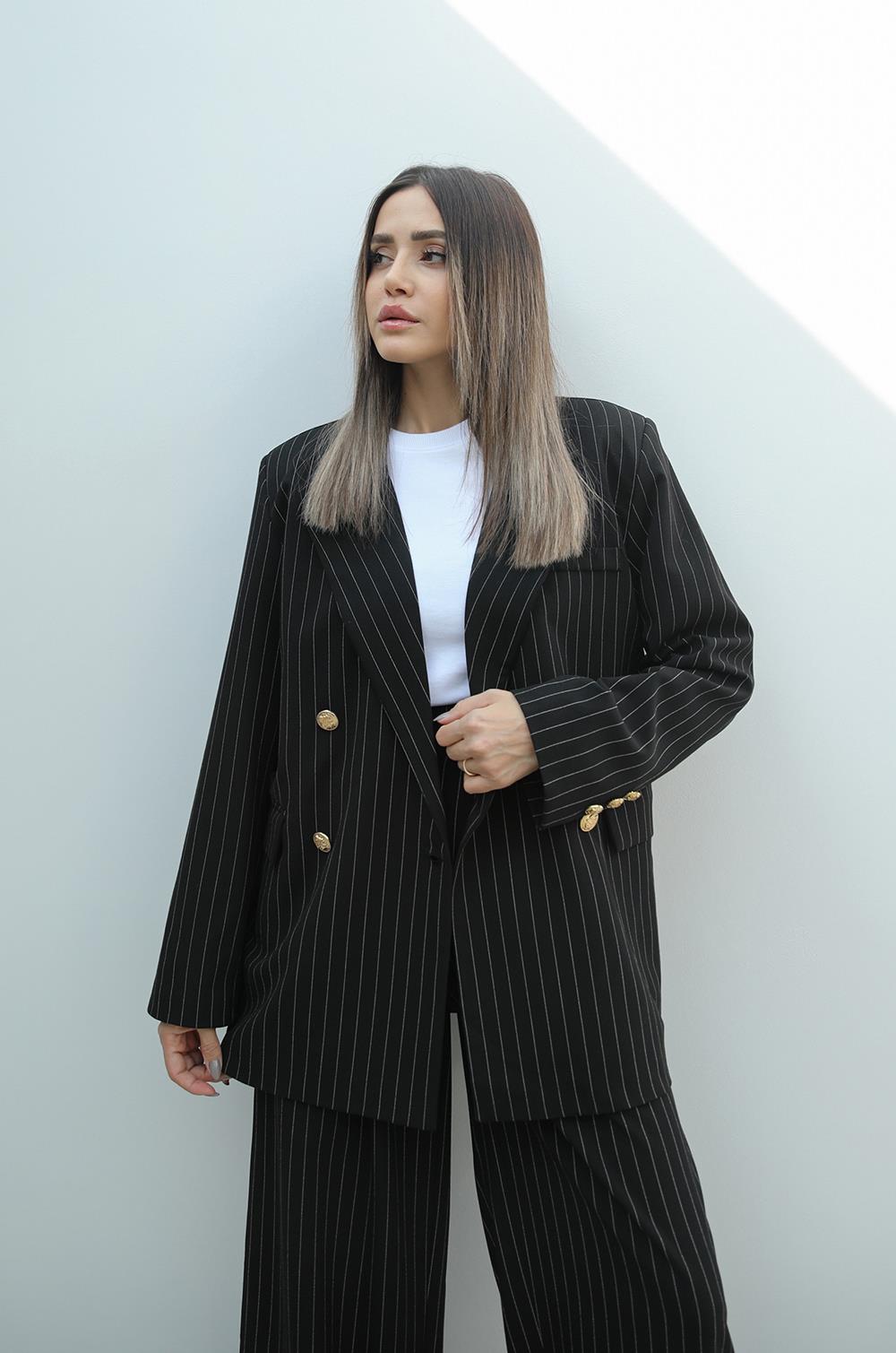 Siyah Çizgili Gold Düğmeli Blazer Ceket · 4