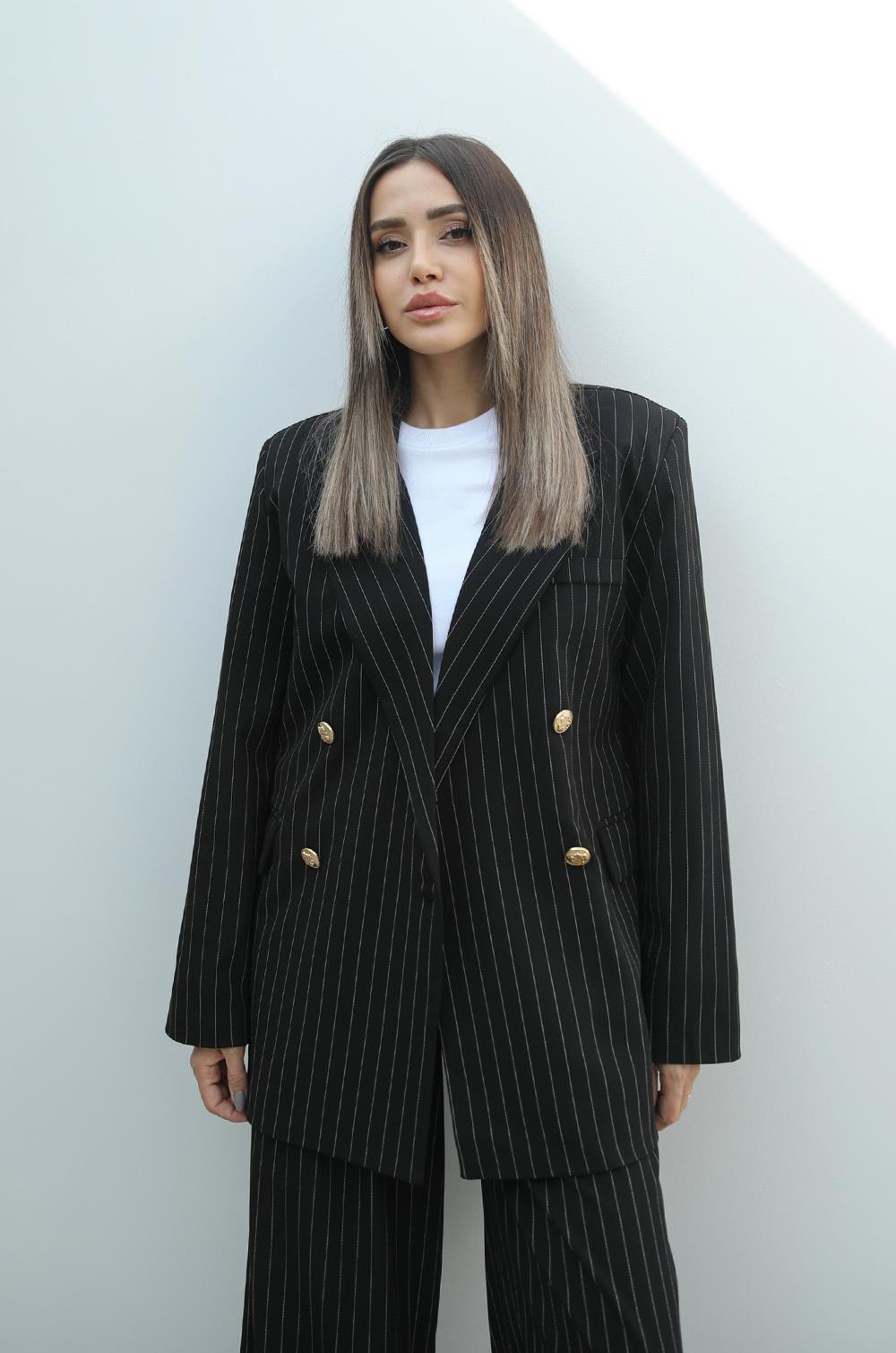 Siyah Çizgili Gold Düğmeli Blazer Ceket · 2