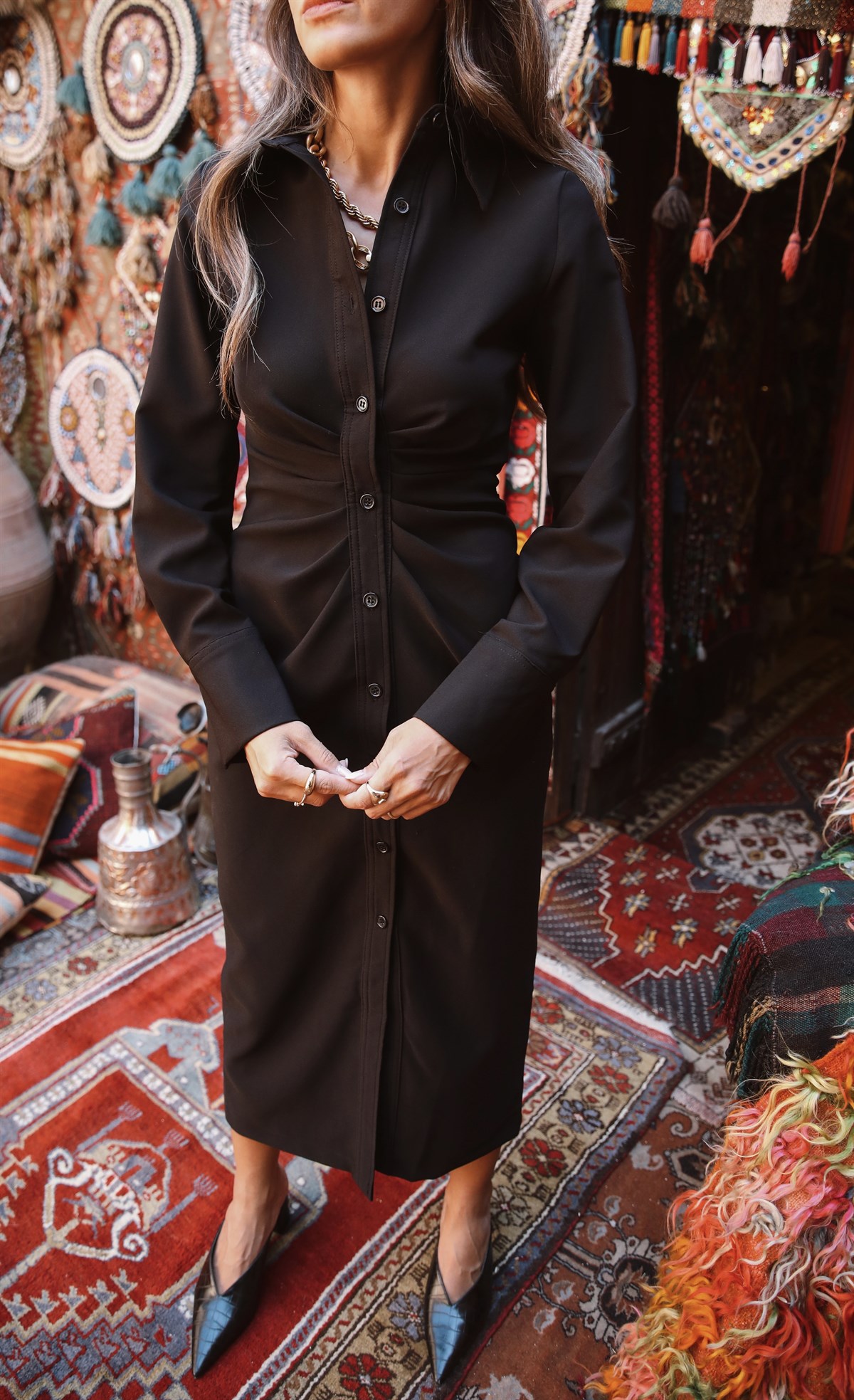 Siyah Önü Drapeli Gömlek Elbise Havoş'ta 159,00 TL