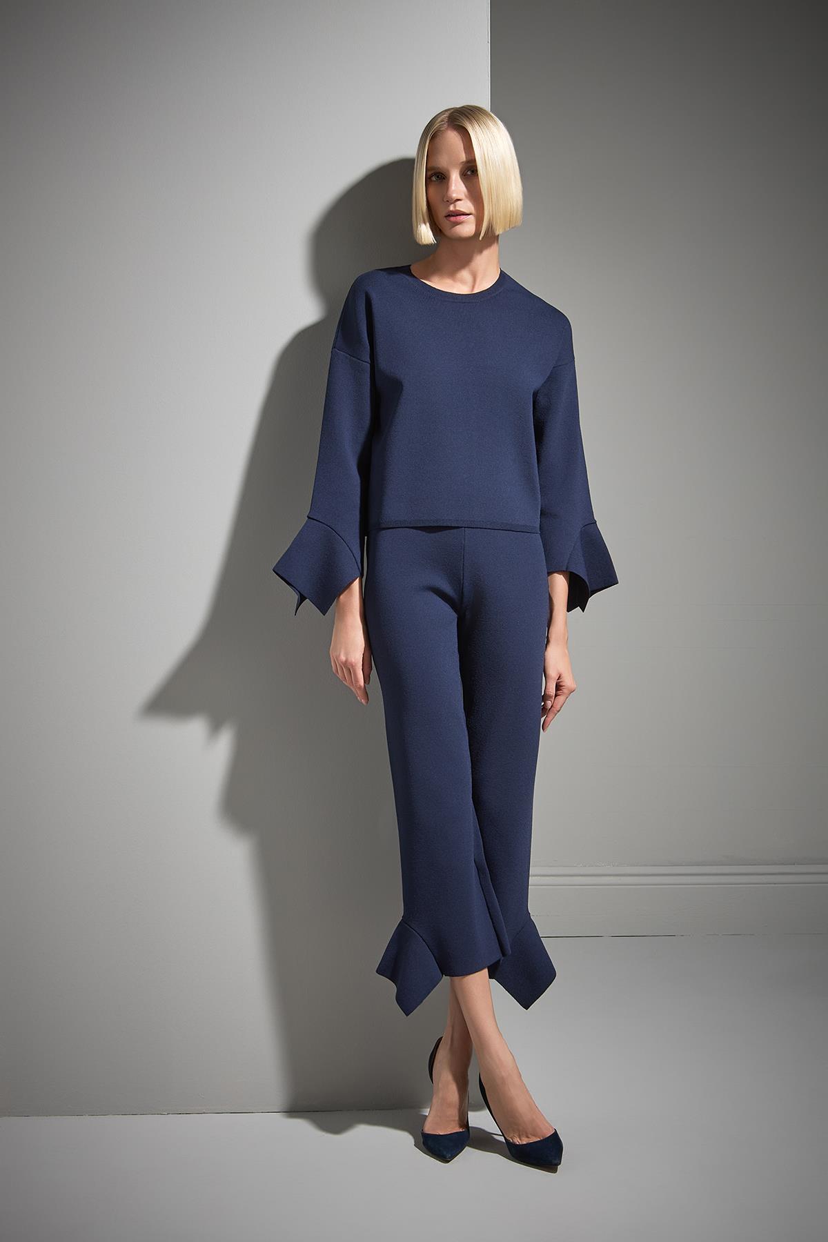 Beli Lastikli Volanlı Lacivert Triko Pantolon