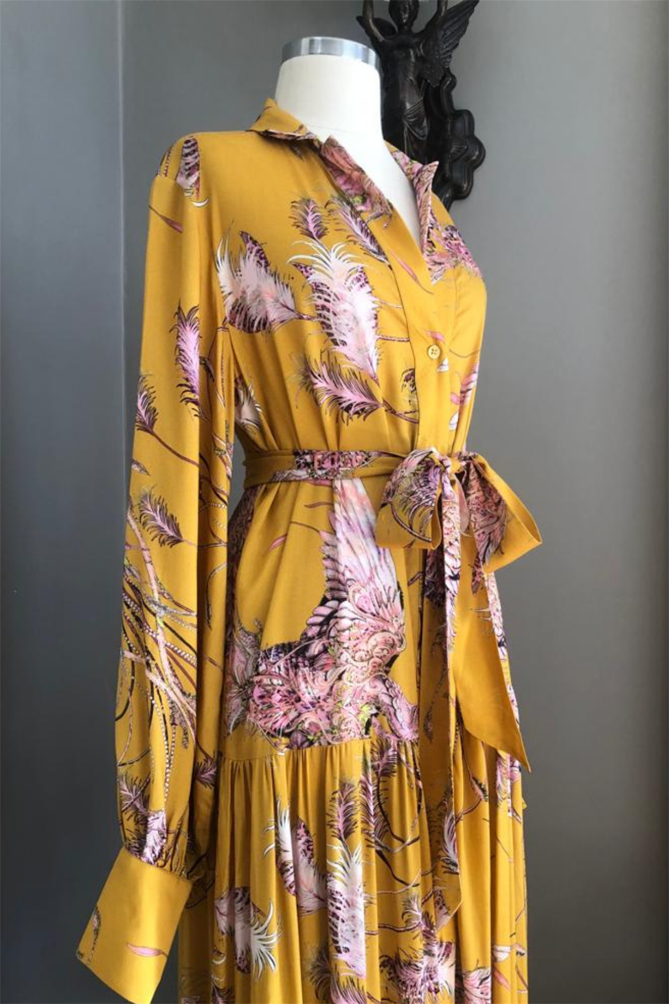 Kuşlu Sarı Gömlek Elbise