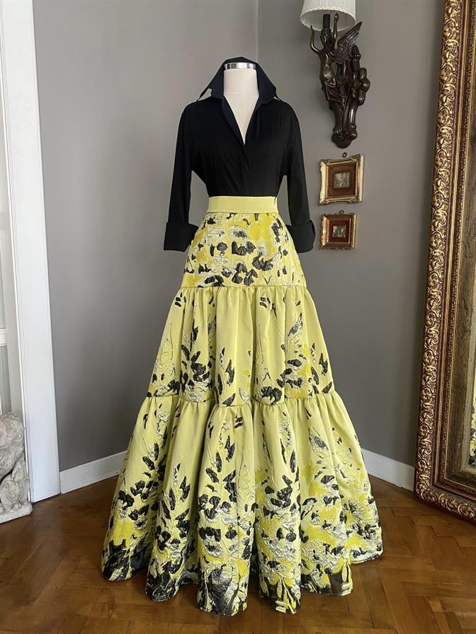 Sarı Desenli Brokar Etek