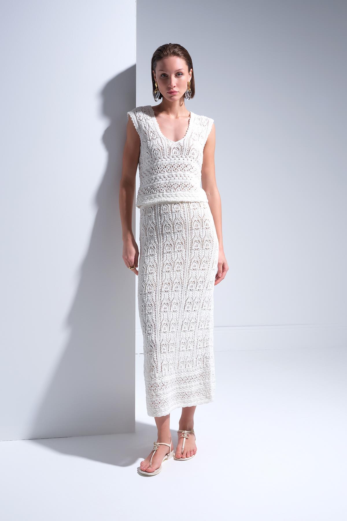 Ajurlu Ekru Maxi Etek