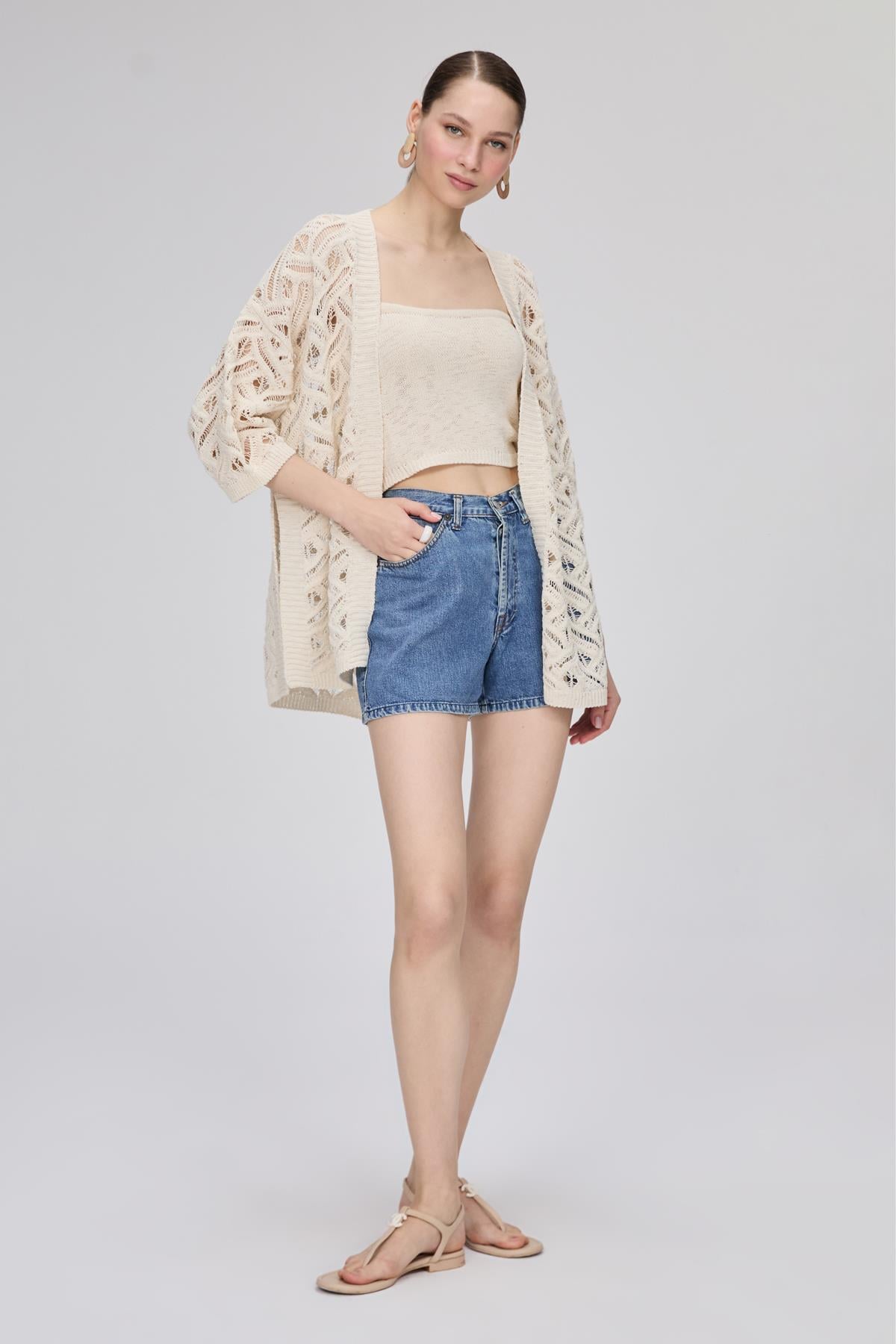 Ajurlu Ekru Triko Hırka