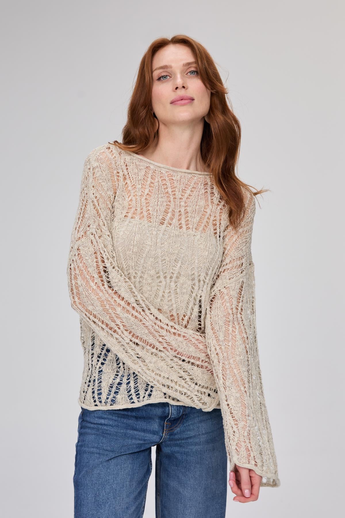 Ajurlu Uzun Kol Bej Bluz ve Crop Top