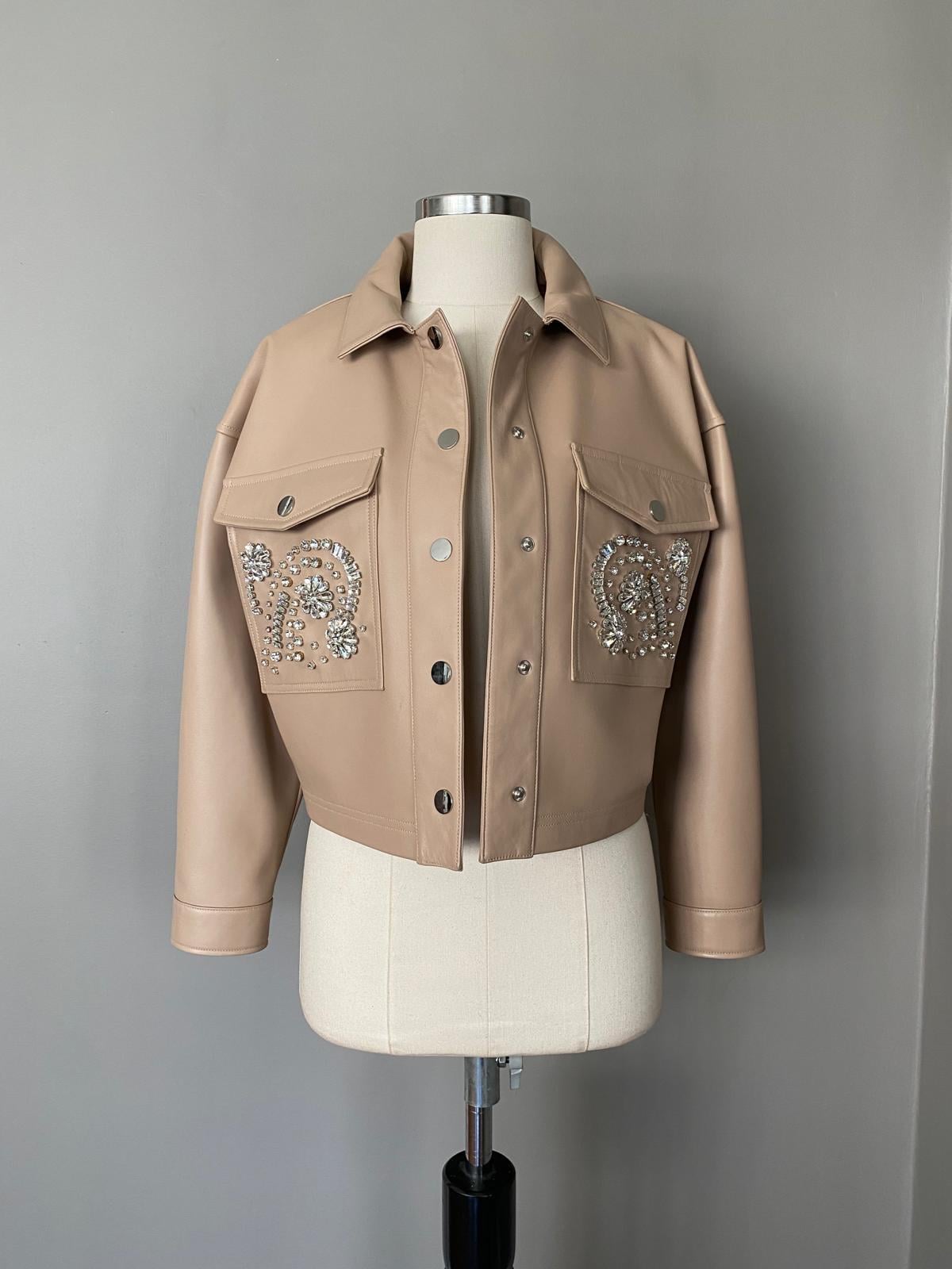 Deri Taş İşlemeli Crop Ceket