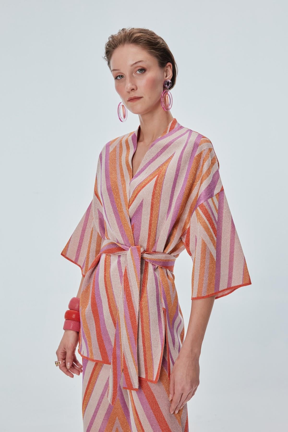 Renk Bloklu Beli Kemerli Kimono Hırka