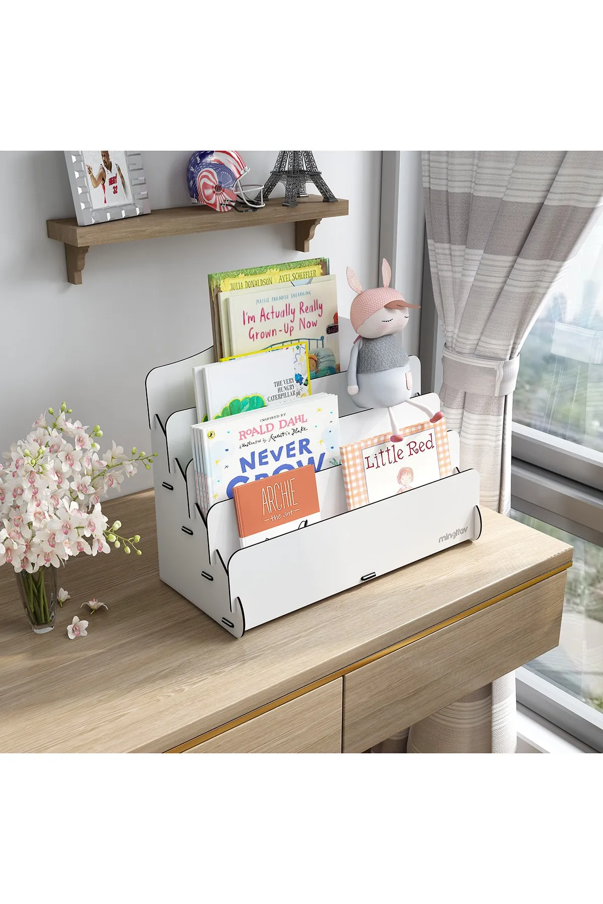 Mingitav Mini Lucky Montessori Çocuk Kitaplığı 4 Raflı Ahşap Çocuk Odası Kitaplık Masaüstü Mini Kitaplık