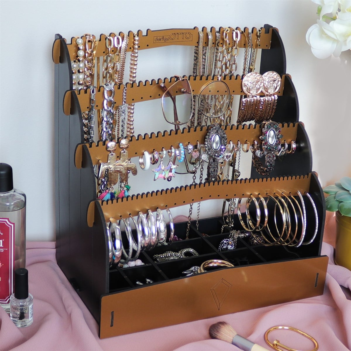 Diamond Small Organizer Kozmetik Makyaj Kolye Küpe Yüzük Takı Kutusu Düzenleyici (Siyah)