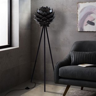 Lotus Metal Ayaklı Yerpuar Anahtarlı Ahşap Modern Tripod Üç Ayaklı Lambader Aydınlatma (Siyah)