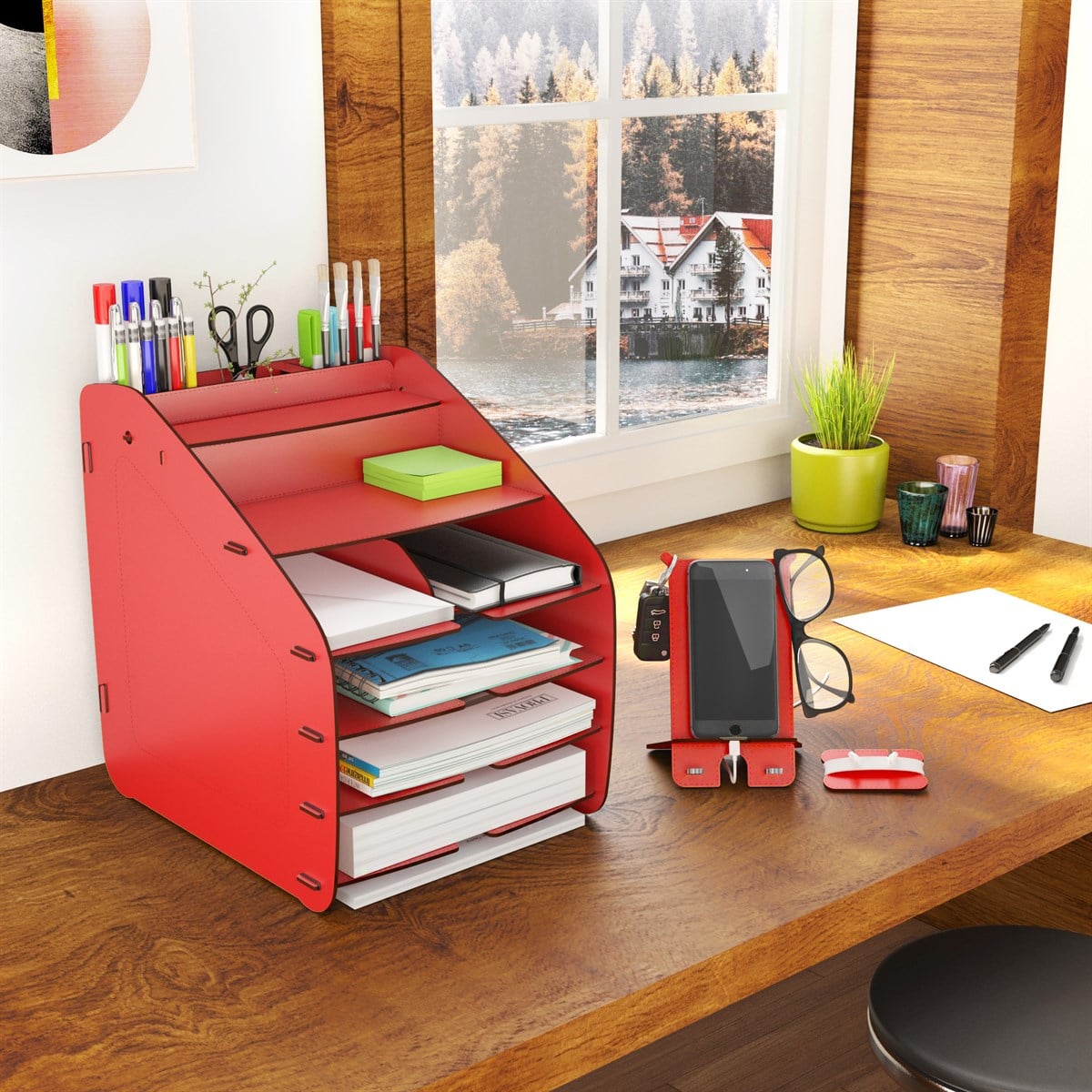 Design OTTO Large Modest - 6 Renk A4 Evrak Rafı Masaüstü Organizer Düzenleyici Kırmızı MC210106