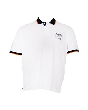 Büyük Beden Lacivert Yakalı Miami Beach Yazılı Logolu Beyaz Polo T-Shirt