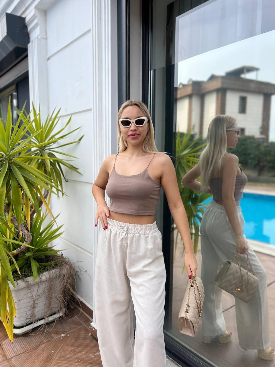 Keten Beli Lastikli Bol Kesim Pantolon