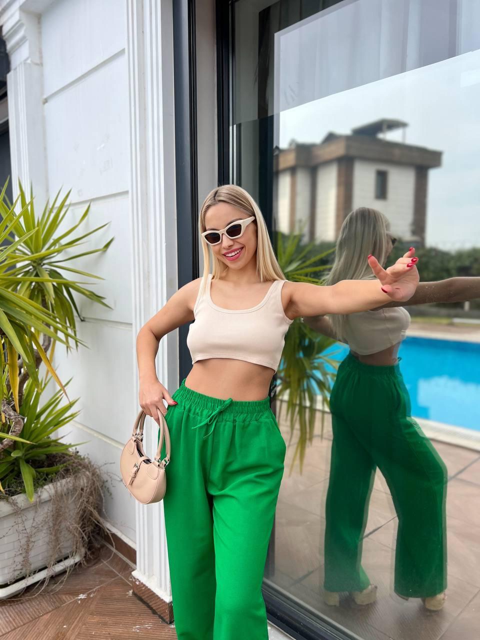 Keten Beli Lastikli Bol Kesim Pantolon