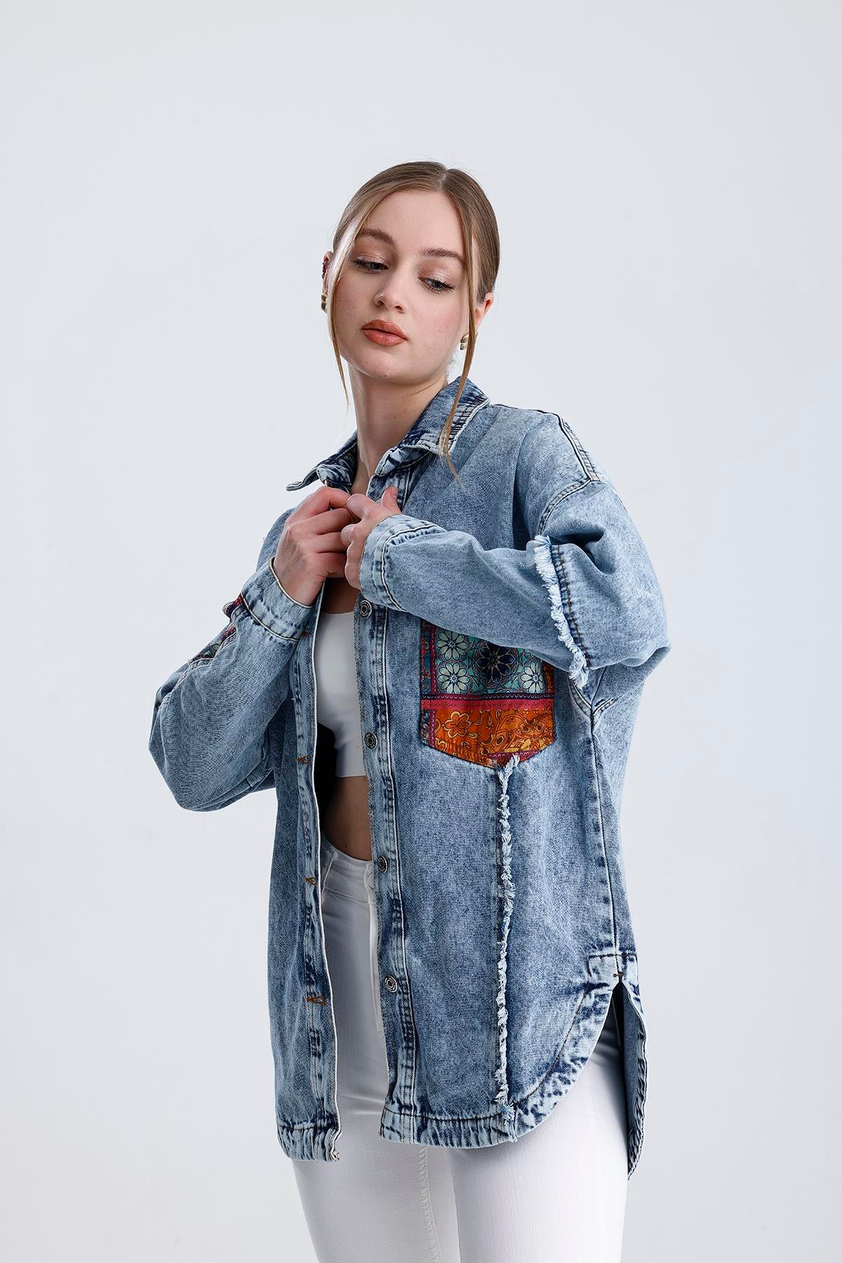 Oversize Etnik Desenli Jeans Ceket