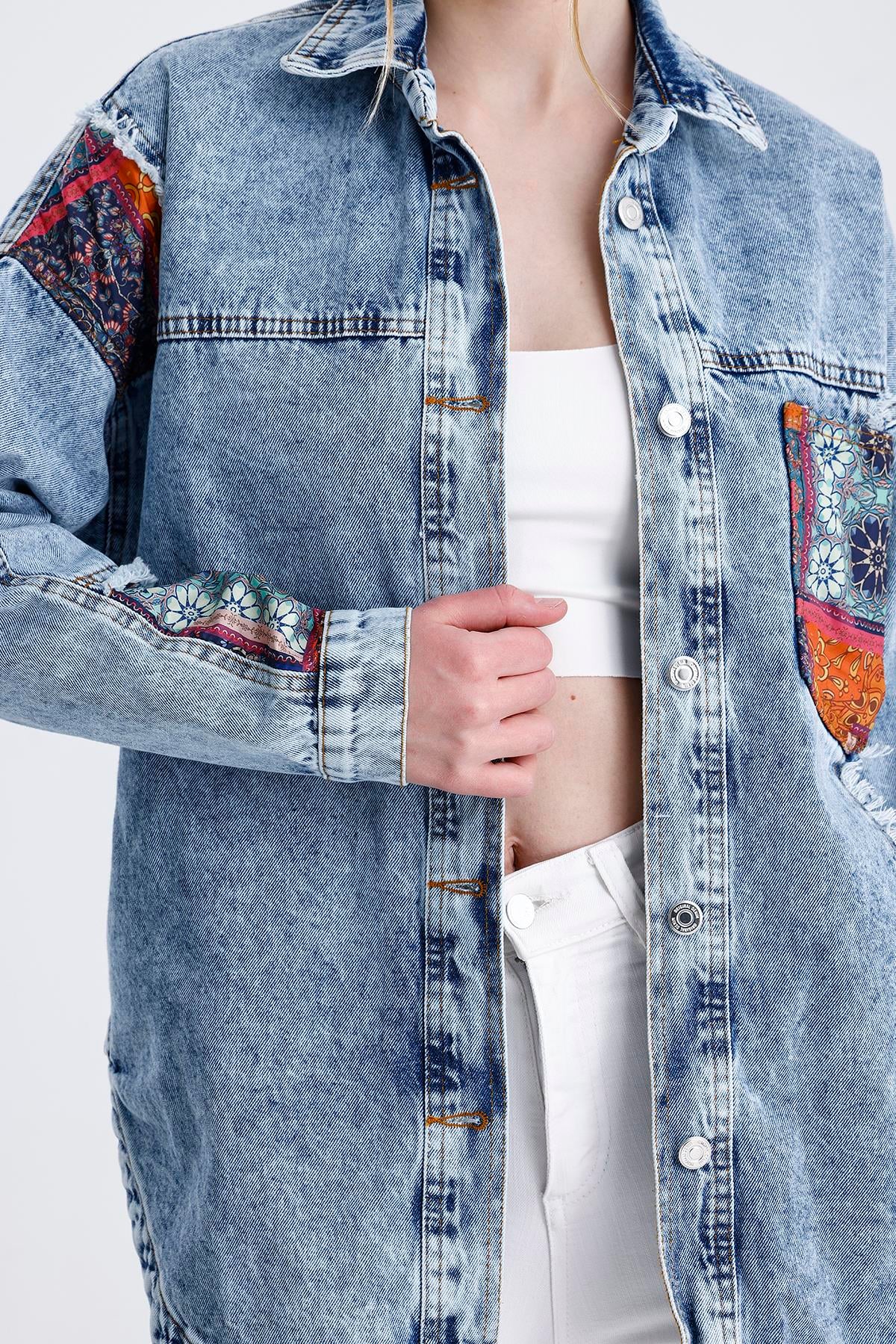 Oversize Etnik Desenli Jeans Ceket
