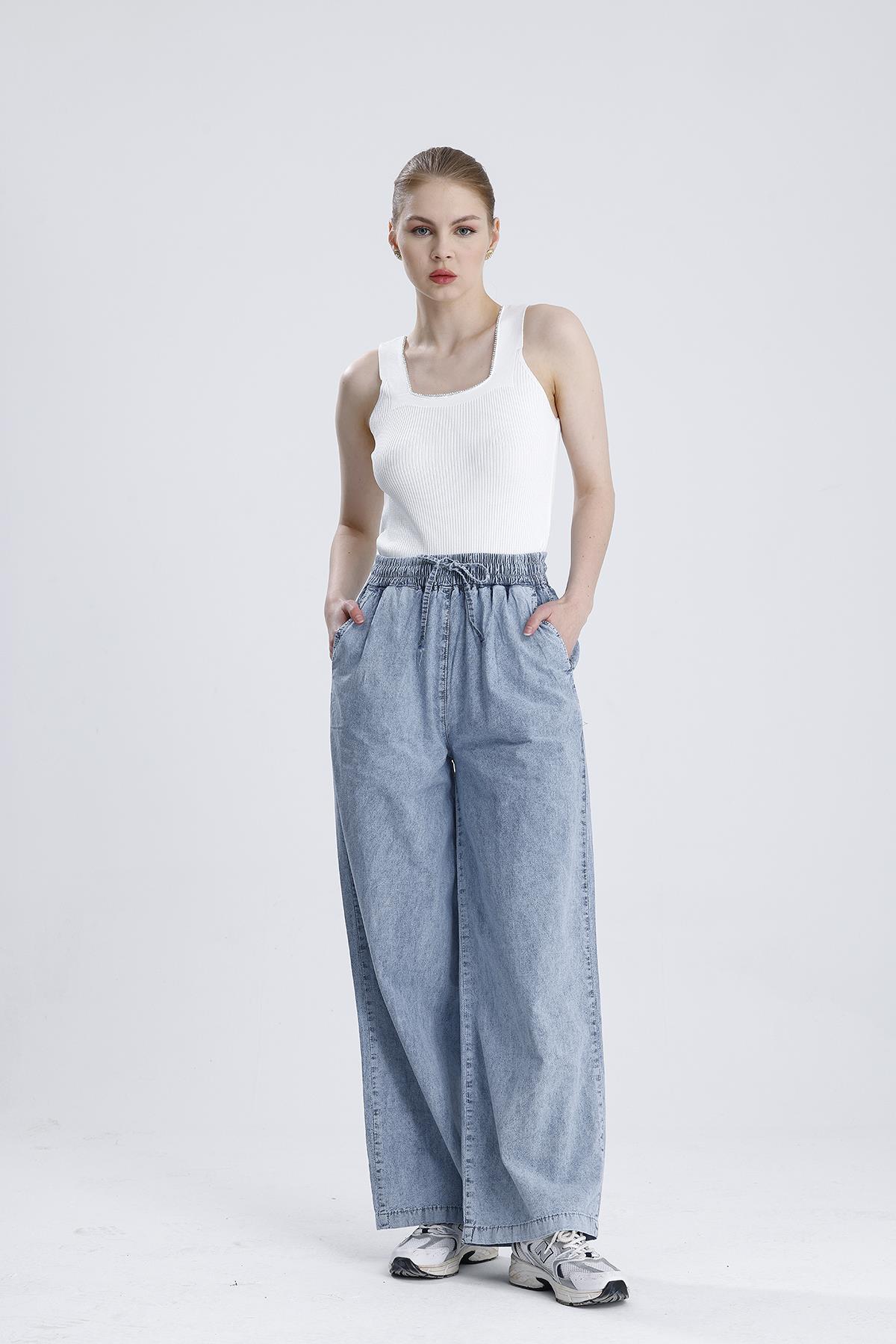 Beli Lastikli Bol Paça Denim Pantolon